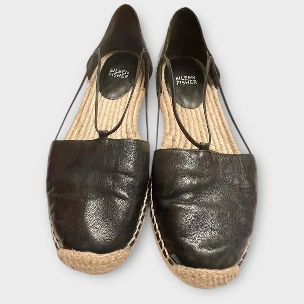 EILEEN FISHER Lee Black Leather Espadrille Flats Size 8.5